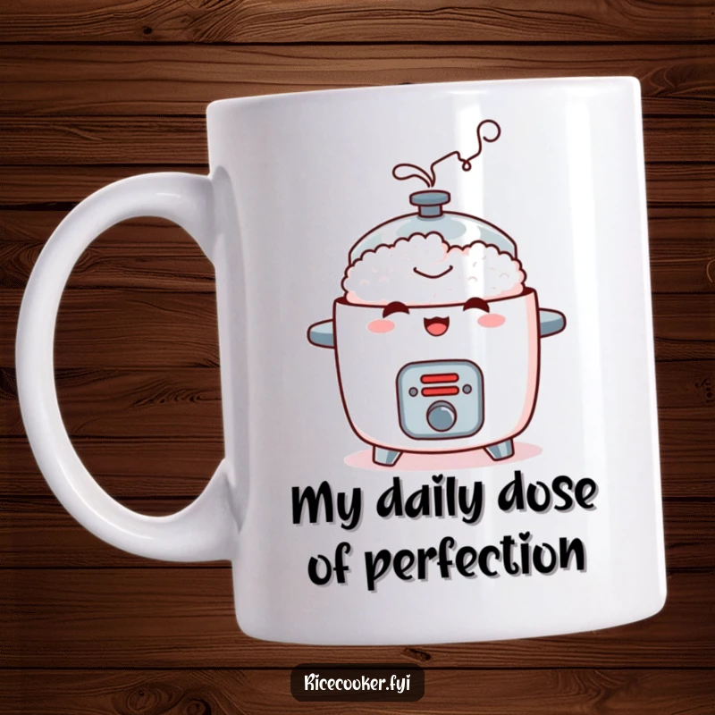 Funny mug showing a mischievous rice cooker puffing contented steam, an adorable and humorous kitchen character.