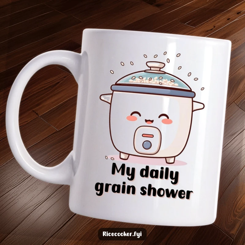 Funny mug shows a giggling rice cooker joyfully spilling rice grains like celebratory confetti from its lid, a truly amusing kitchen accessory.