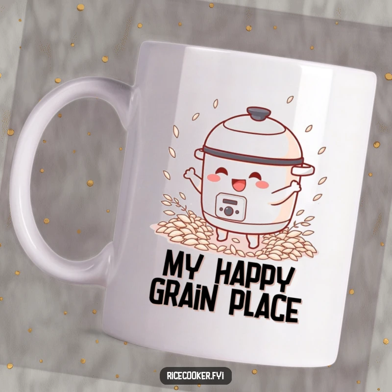 Funny mug featuring a happy rice cooker character dancing joyfully amidst a cascade of delicious rice grains.