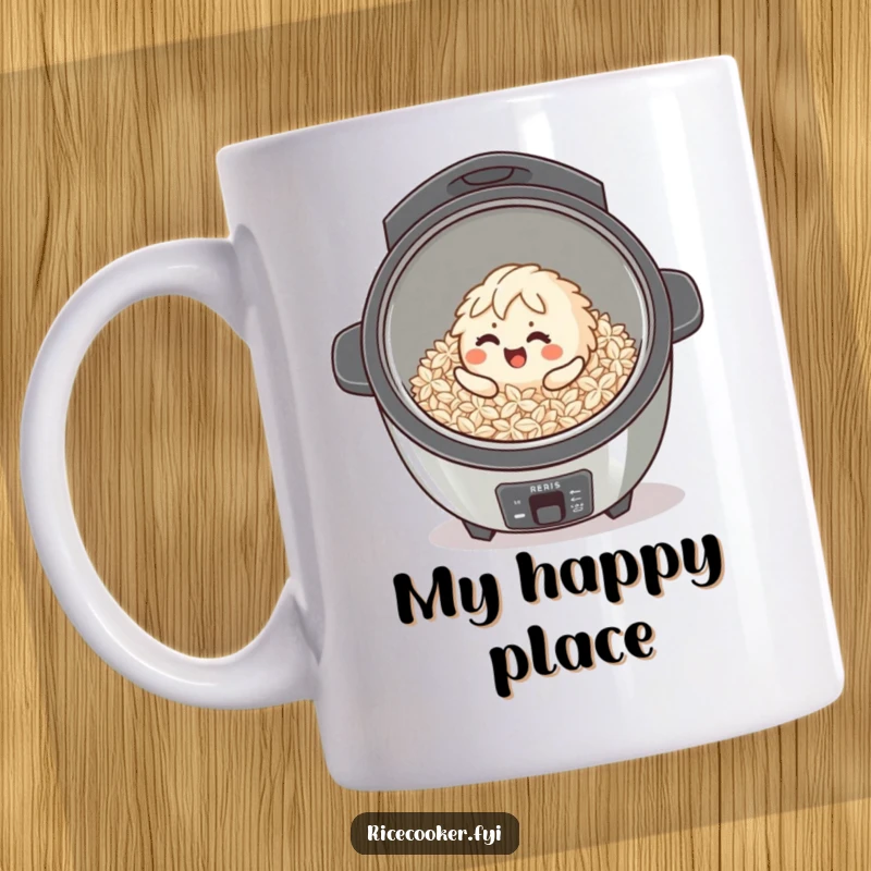 Funny giggling rice grain character rolling happily inside a clean rice cooker mug, radiating joy.