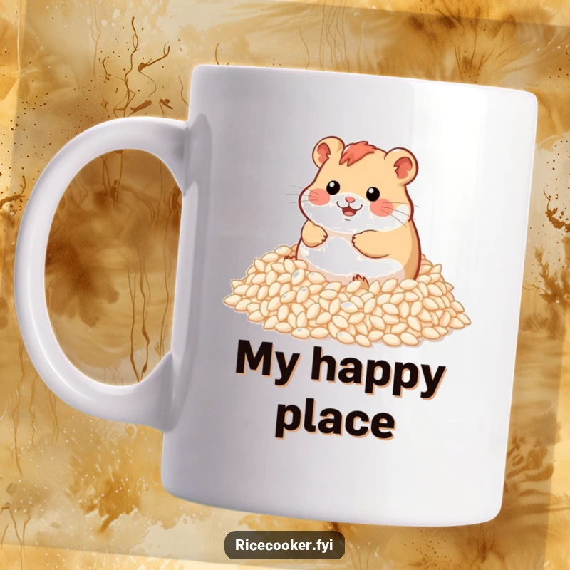 Funny hamster mug featuring a joyful hamster happily rolling in a giant pile of fluffy rice grains, a truly comical scene.