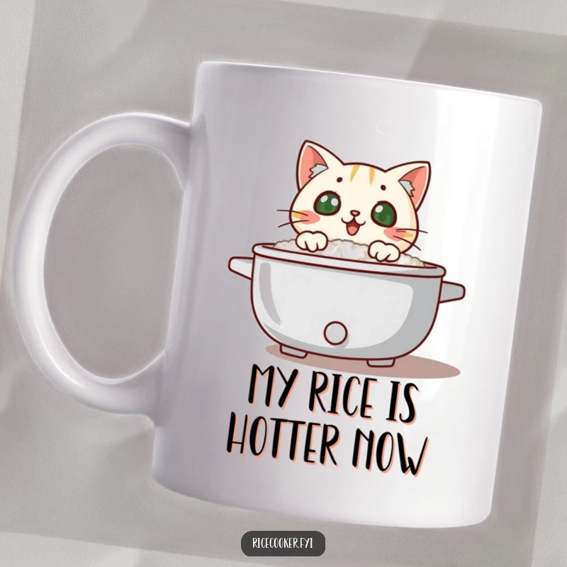 Funny cat peeking over a steaming rice cooker lid, looking surprised and curious, perfect for cat lovers.