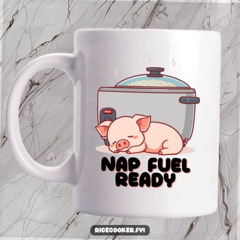 Funny piglet rice cooker mug. A content piglet naps peacefully next to a gently humming rice cooker, radiating calm.