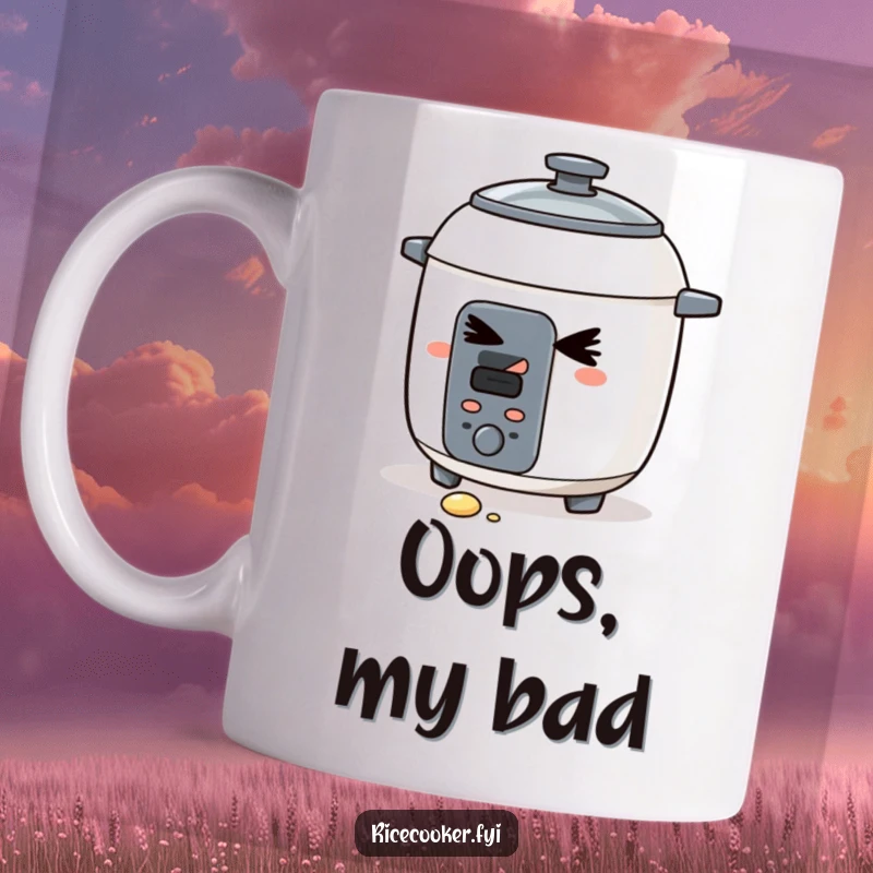 Funny mug featuring a slyly winking rice cooker with a single grain of rice dropped. A mischievous and charming design for a unique gift.