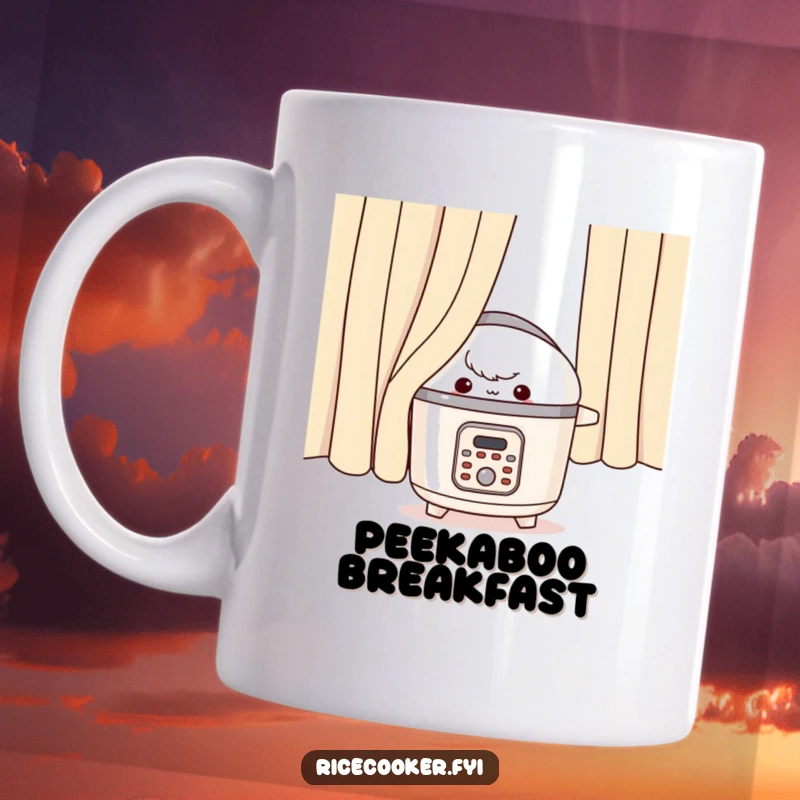 Funny rice cooker mug, appliance character peeking mischievously from behind a curtain, kitchen prank humor.