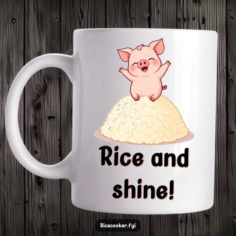 Funny pig mug featuring a giggling pig joyfully dancing on a mound of perfectly cooked rice, celebrating culinary happiness.