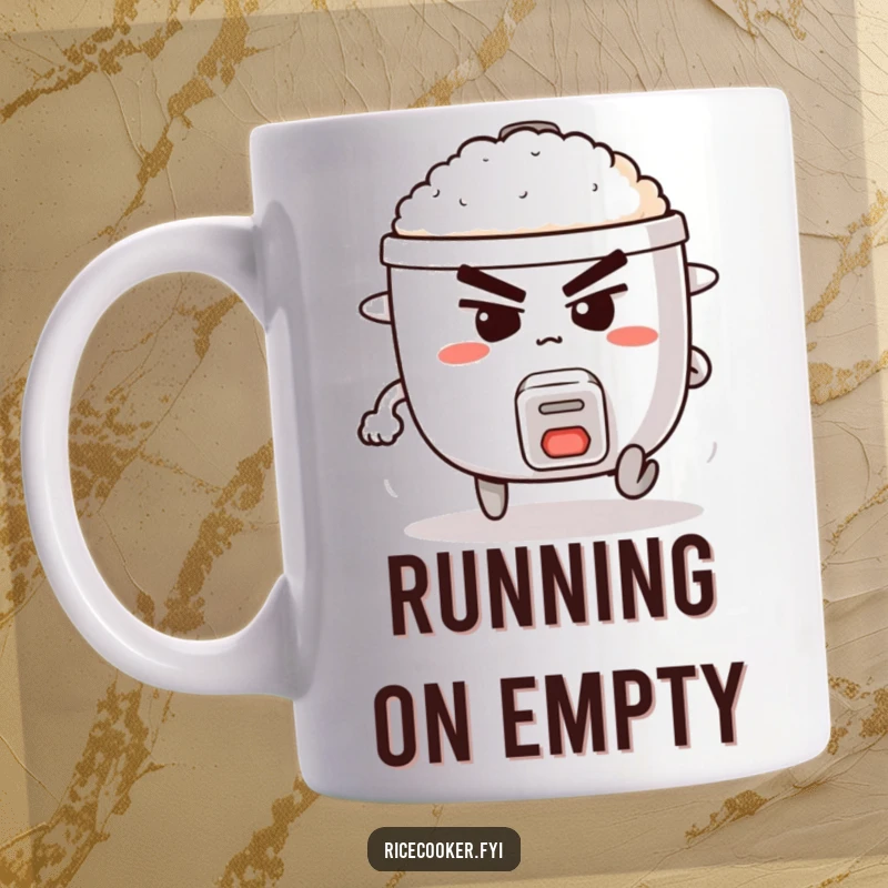 Funny mug showing a determined-looking rice cooker with legs, actively attempting to run with great effort.