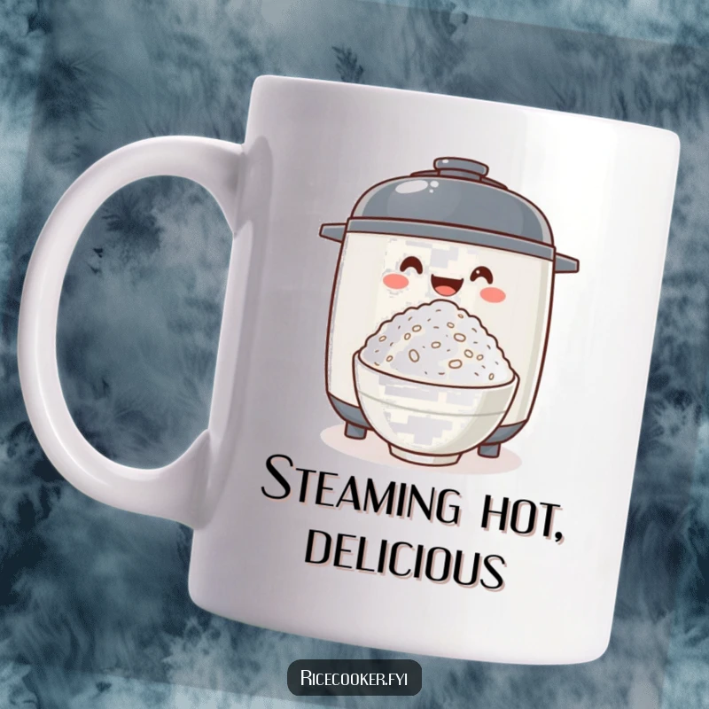 Funny rice cooker excitedly offering a bowl of fluffy rice, bringing joy and deliciousness to a cheerful mug.