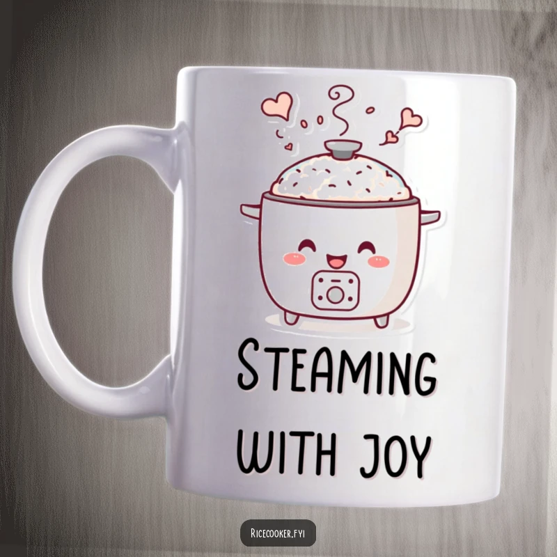 Funny smiling rice cooker mug with steam artfully forming whimsical shapes like clouds and stars above it, adding enchantment.