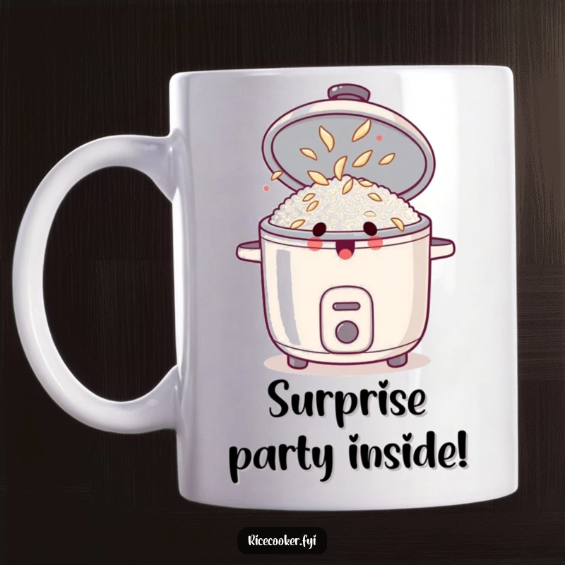 Funny mug featuring a surprised rice cooker with its lid open, showing dancing rice grains in a humorous reveal.