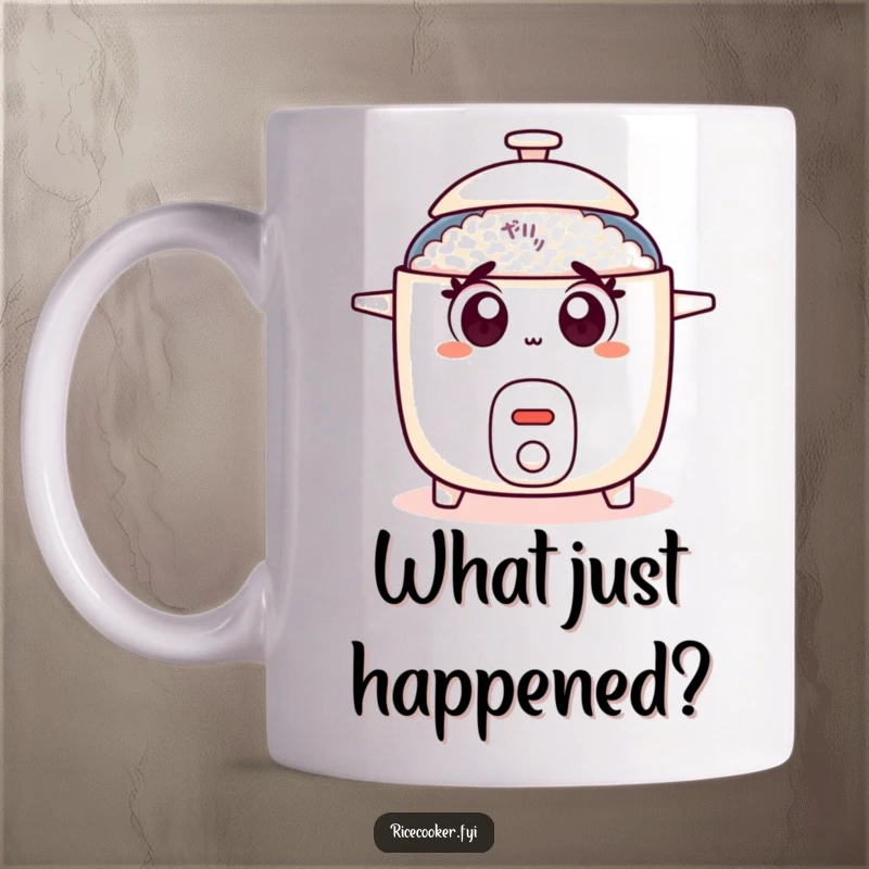 Funny surprised rice cooker mug with wide cartoon eyes and a lid popping open, showing comical shock.