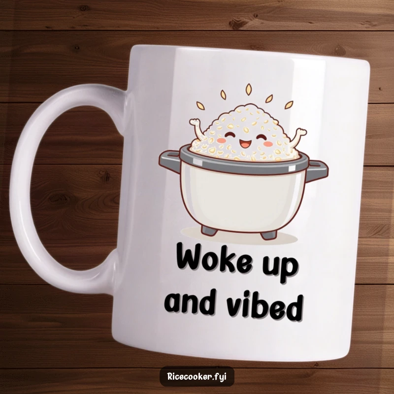 Funny dancing rice mug showing a happy pile of cooked rice gleefully dancing inside an open rice cooker, celebrating culinary joy.