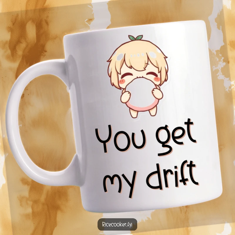 Funny mug showcasing a character winking slyly while holding a perfectly shaped rice ball, exuding charm and deliciousness.
