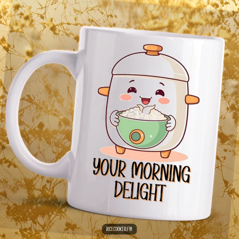 Funny mug shows a happy rice cooker with a welcoming gesture, offering a steaming bowl of rice, embodying hospitality.