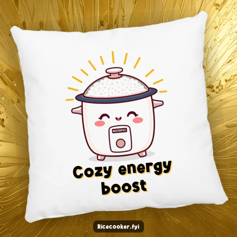 Funny pillow featuring a smiling rice cooker radiating warm energy, a soft and humorous decorative accent for a cheerful home.