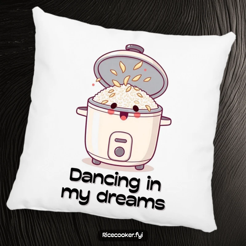 Funny pillow with a surprised rice cooker, lid open, showing dancing rice grains, providing comfort and a humorous touch.
