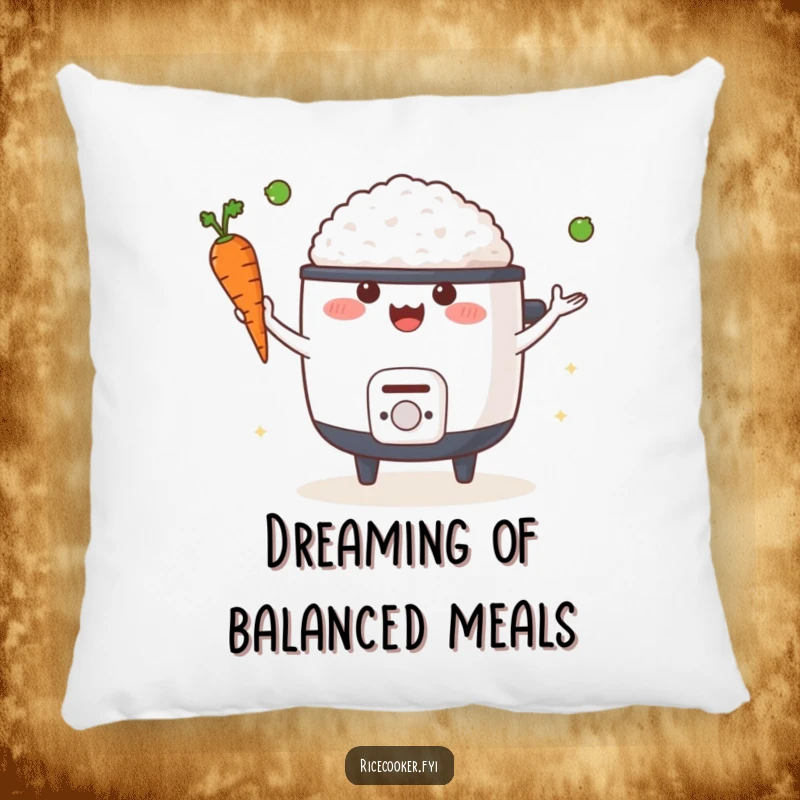 Funny pillow with a happy rice cooker juggling a carrot and a pea, providing comfort and a touch of kitchen humor.