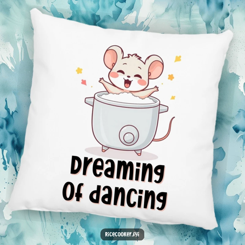 Funny mouse pillow, dancing happily around a rice cooker, soft and cuddly, perfect for cozying up with kitchen cheer.