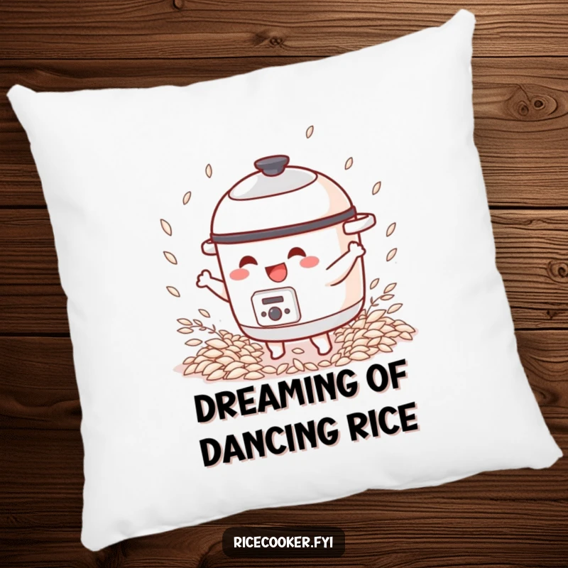 Funny pillow featuring a happy rice cooker character dancing energetically amidst a scattering of rice grains.