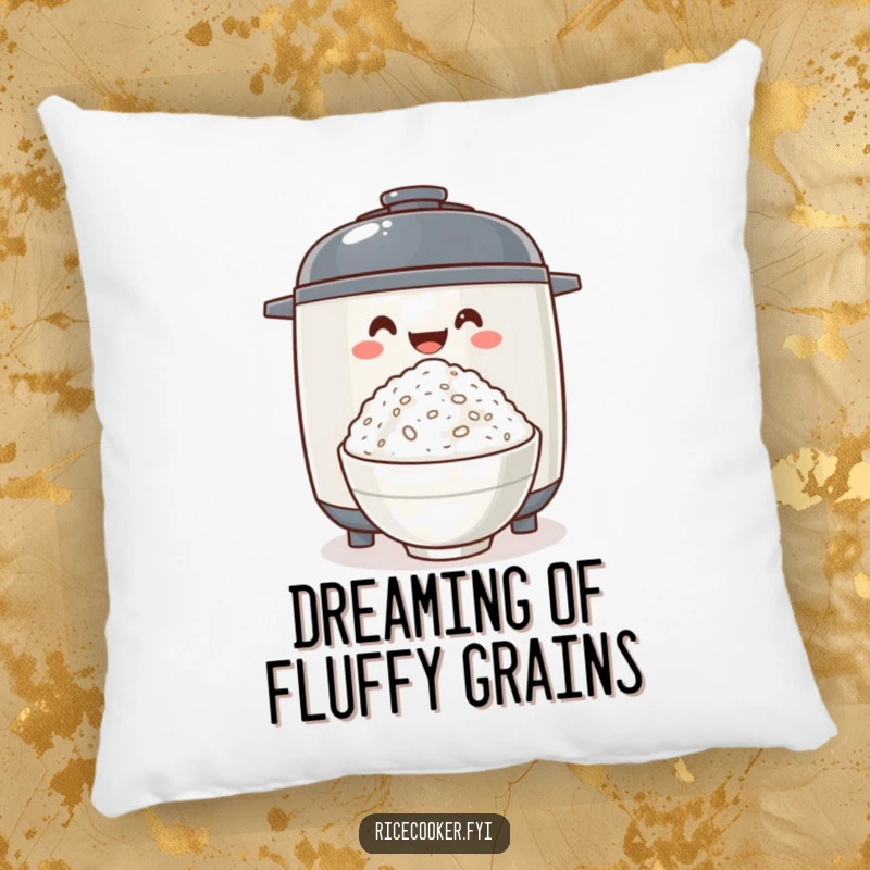Funny rice cooker excitedly offering fluffy rice, a plush pillow offering comfort and a visual reminder of delicious meals.
