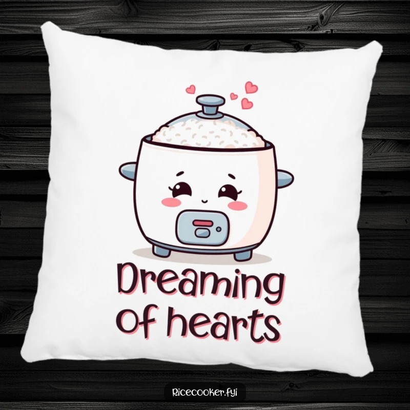 Funny rice cooker pillow featuring a smiling appliance with steam forming hearts, offering comfort and cute decor.