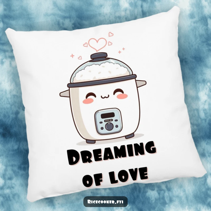 Funny pillow decorated with a smiling rice cooker, with steam forming a charming heart shape.