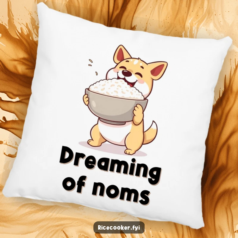 Funny dog rice pillow. A happy dog excitedly presents a giant bowl of steaming rice, soft and huggable.