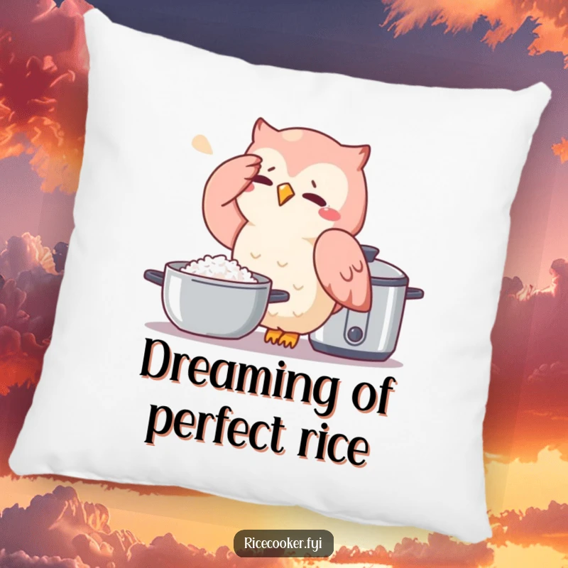 Funny owl pillow with a sweating owl next to a rice cooker, offering humorous comfort and quirky decor.
