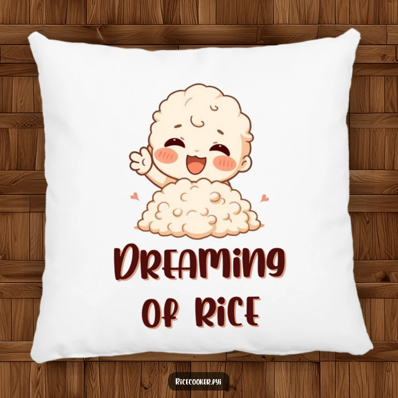 Funny Pillow featuring a character joyfully gesturing towards a fluffy mound of rice, adding soft humor and foodie charm.