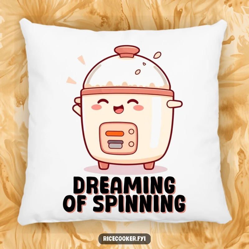Funny rice cooker plush pillow featuring a character spinning with pure glee, for sofa or bed decor.