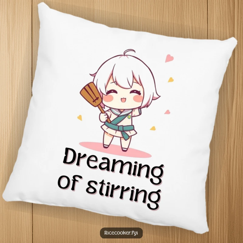 Funny pillow with a character comically spinning a rice paddle like a tiny baton, offering plush comfort and culinary performance charm.