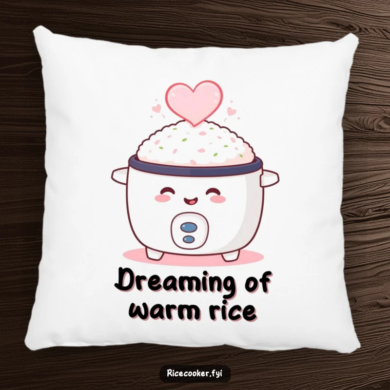 Funny pillow with a smiling rice cooker emitting heart-shaped steam, offering comfort and a touch of culinary love.
