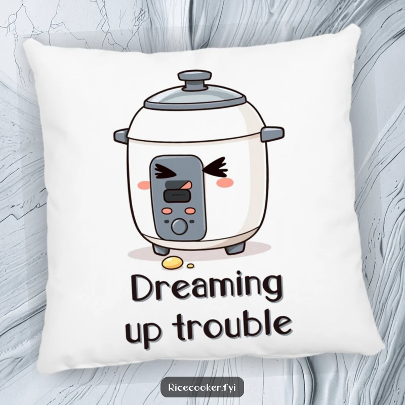 Funny pillow design of a slyly winking rice cooker with a fallen grain. A soft, humorous accent piece, perfect funny gift.