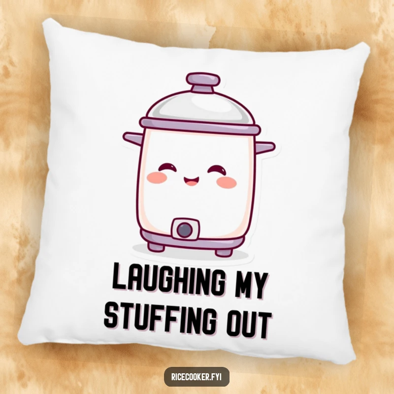 Funny smiling rice cooker character with lid tilted in amusement, depicted on a plush and humorous pillow.