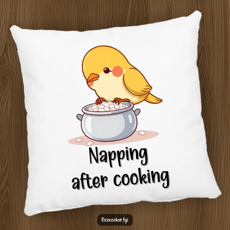 Funny determined bird tending a bubbling rice pot on a soft pillow, adding charm and humor.