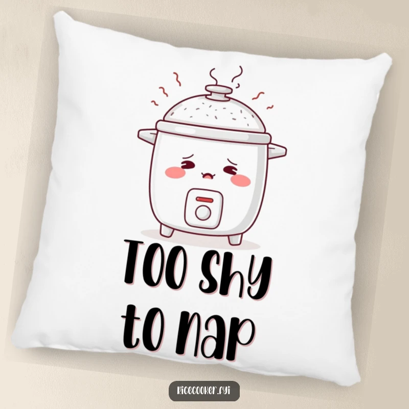 Funny pillow design of a blushing rice cooker with rosy cheeks and steam rising like shy sighs, offering amusing comfort.