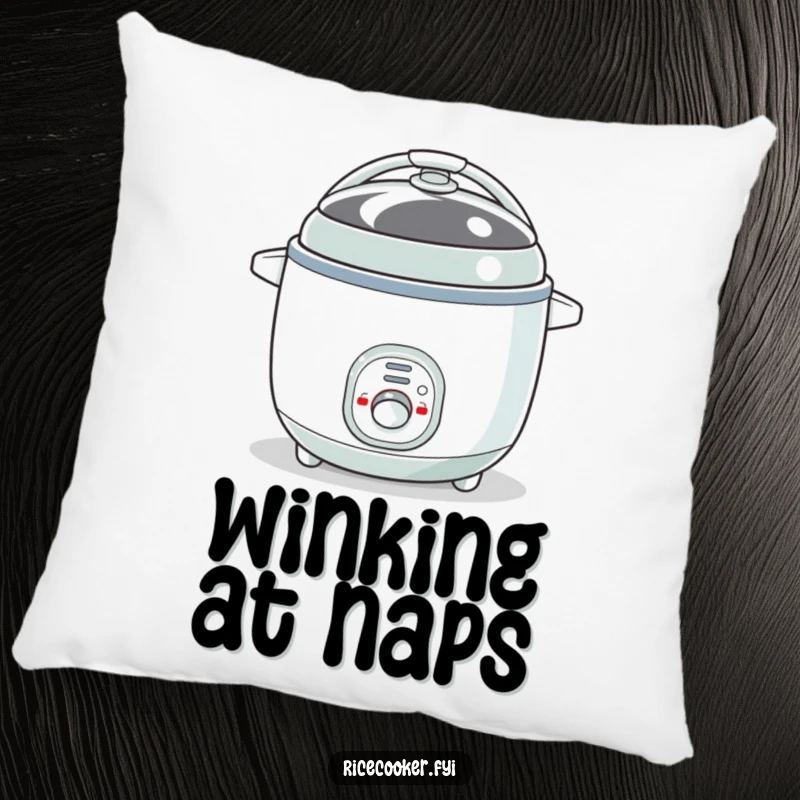 Funny pillow design of a bouncy rice cooker with its button blinking like a quirky eye. A soft, humorous accent piece, perfect funny gift.