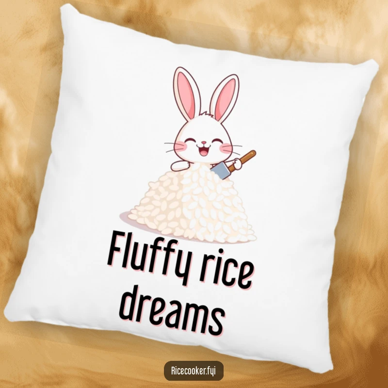 Funny joyful bunny patting a mound of rice with a tiny spatula, looking proud and happy, a soft funny pillow.