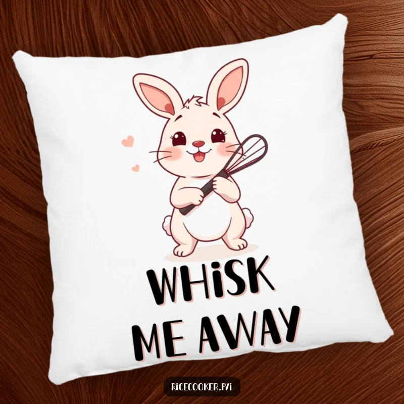 Funny bunny pillow with a playful bunny holding a tiny whisk, ready to stir rice, offering comfort and charm.