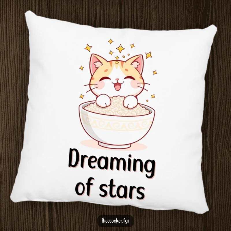 Funny pillow featuring a delighted cat sprinkling bright stars onto a bowl of warm rice, adding a touch of cosmic wonder.