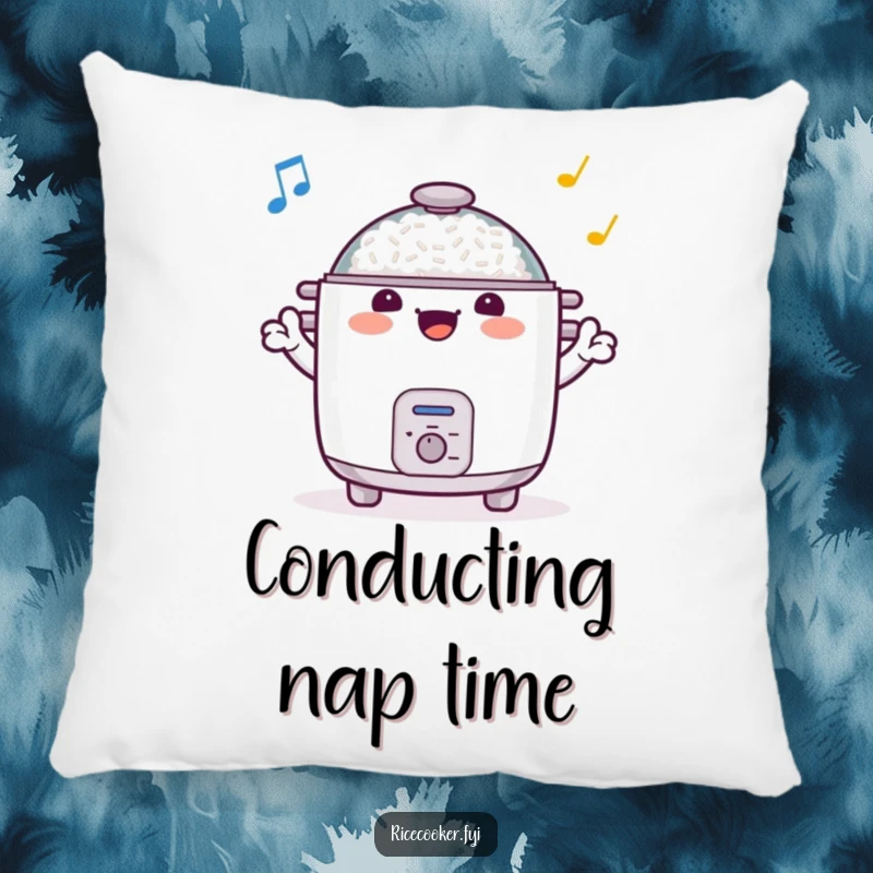 Funny pillow design of a happy rice cooker conducting an orchestra with its arms, offering humorous comfort and artistic decor.