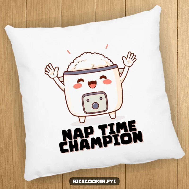 Funny pillow design of a delighted rice cooker with tiny arms waving happily. A soft and humorous accent piece, perfect funny gift.