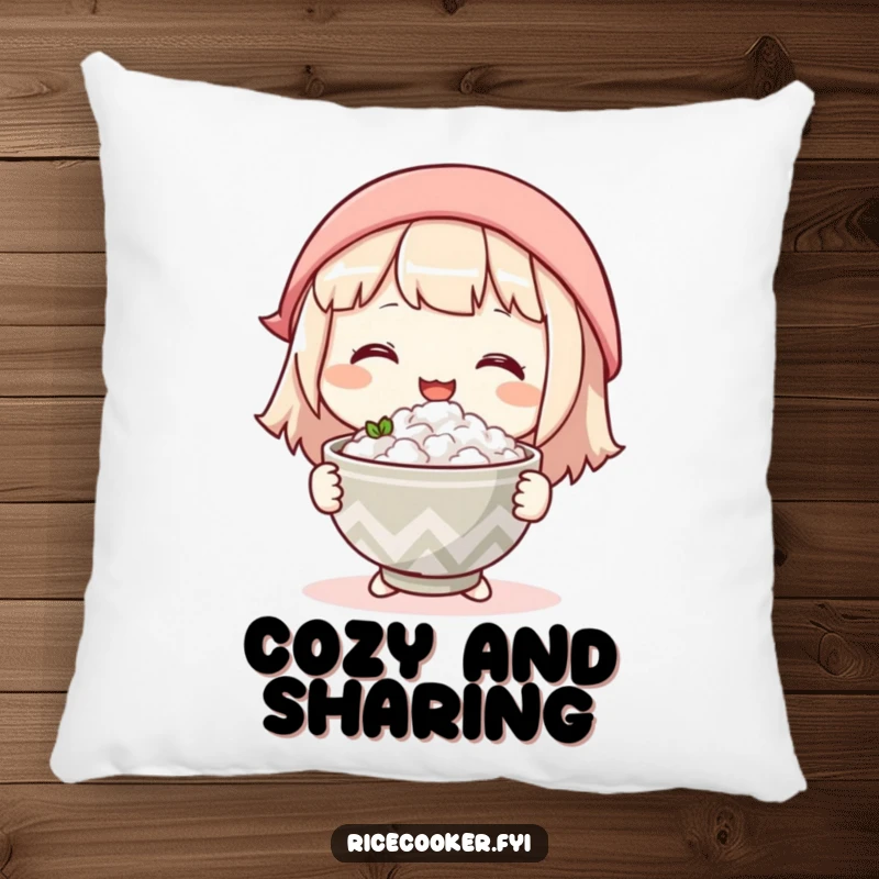 Funny pillow featuring a character gently offering a warm bowl of rice with a kind smile, adding a touch of comfort.