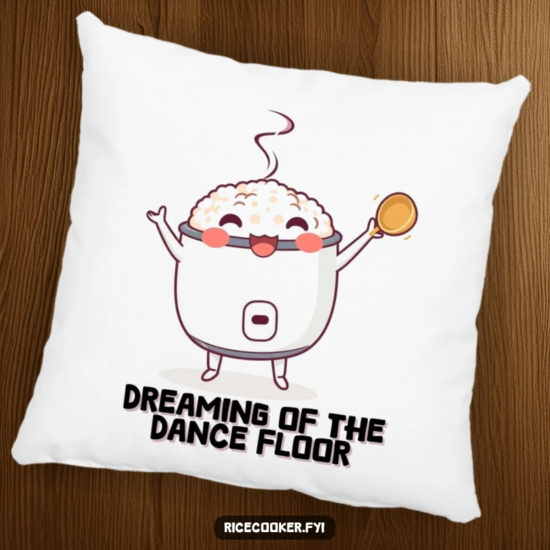 Funny pillow featuring a dancing rice cooker with a twirling ladle, a soft and humorous decorative accent for a lively home.