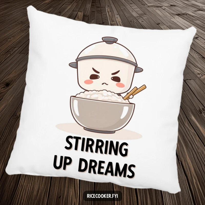 Funny plush pillow featuring a determined rice cooker focused on stirring a large bowl of rice, for comfort and inspiration.