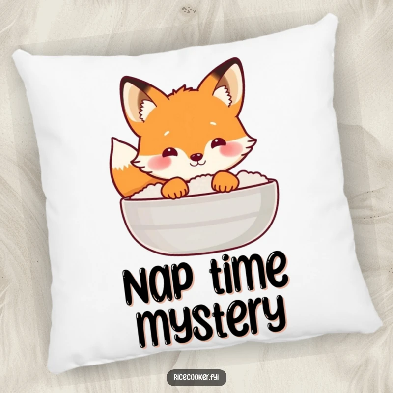 Funny fox pillow with a curious fox peeking from behind a steaming rice lid, offering comfort and a touch of intrigue.
