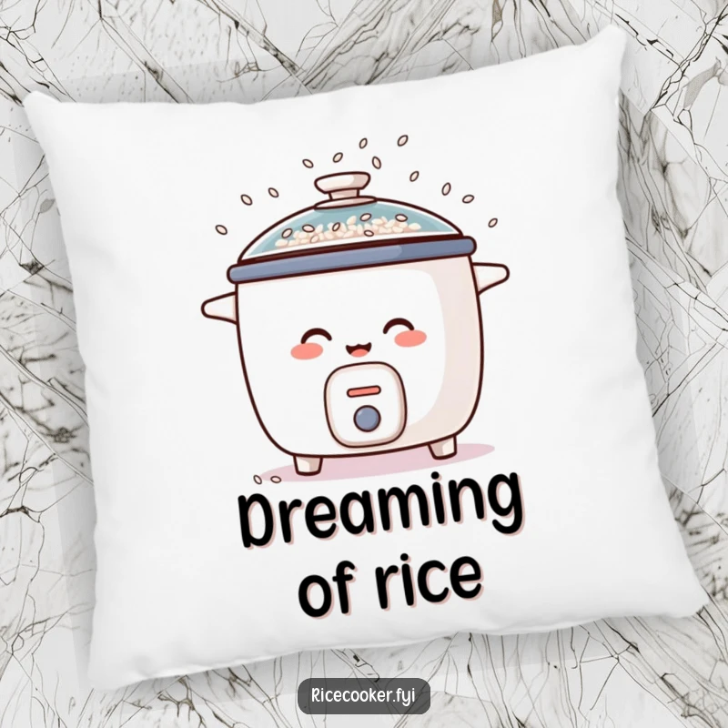 Funny pillow design of a rice cooker giggling uncontrollably, spilling rice grains like festive confetti, offering humorous comfort and decor.