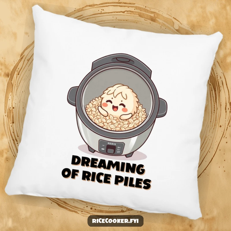 Funny giggling rice grain character rolling inside a clean rice cooker, depicted on a soft, comfy pillow.