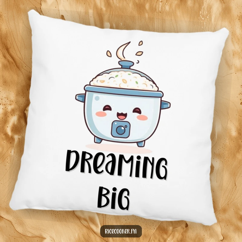 Funny rice cooker pillow, happy appliance bouncing with steam, soft energetic decor gift.