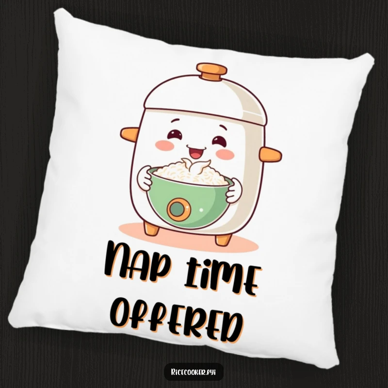 Funny pillow design of a happy rice cooker offering a steaming bowl with a welcoming gesture, providing amusing comfort and warmth.